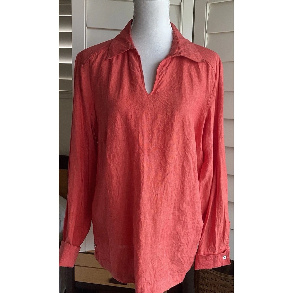 Edward Womens Irish Linen Top Popover Coral Long Sleeve L Tunic Side Buttons